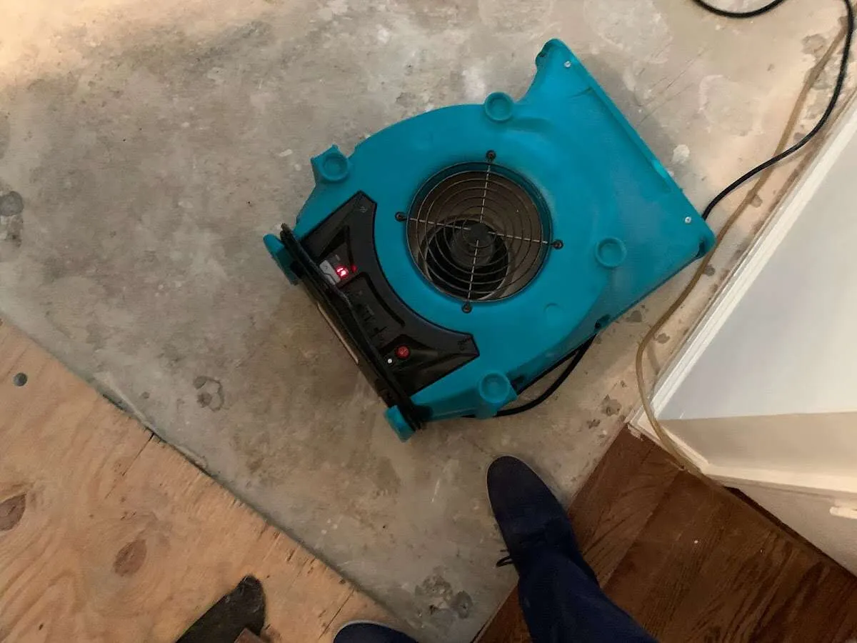 Air mover drying subfloor during Commercial Water Damage Restoration in Ettrick